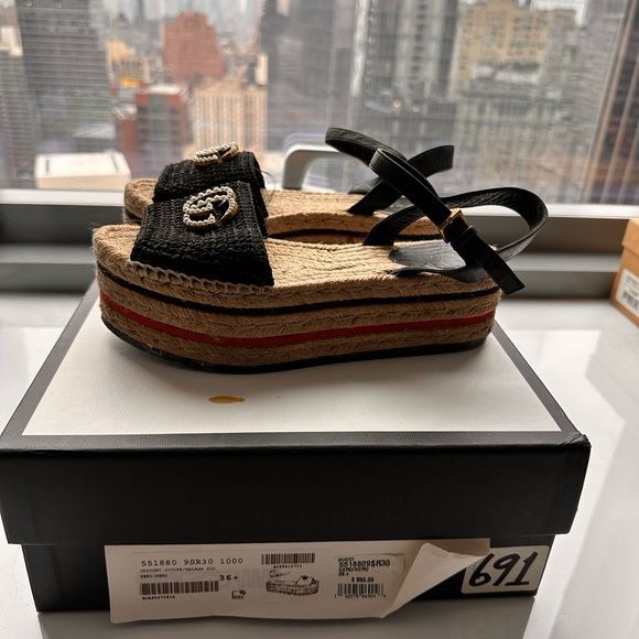 Cotton Malaga Kid Crochet Pearly GG Lilibeth Espadrille Platform Sandals - Picture 3 of 5